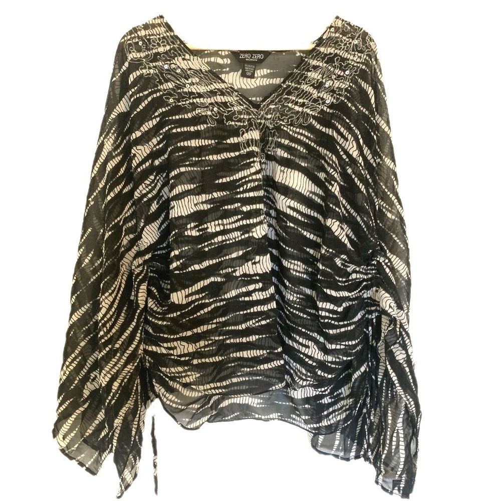 Zero Zero Sheer Blouse Layer Size 3xl Black Animal Print‎ Sequins Adjustable
